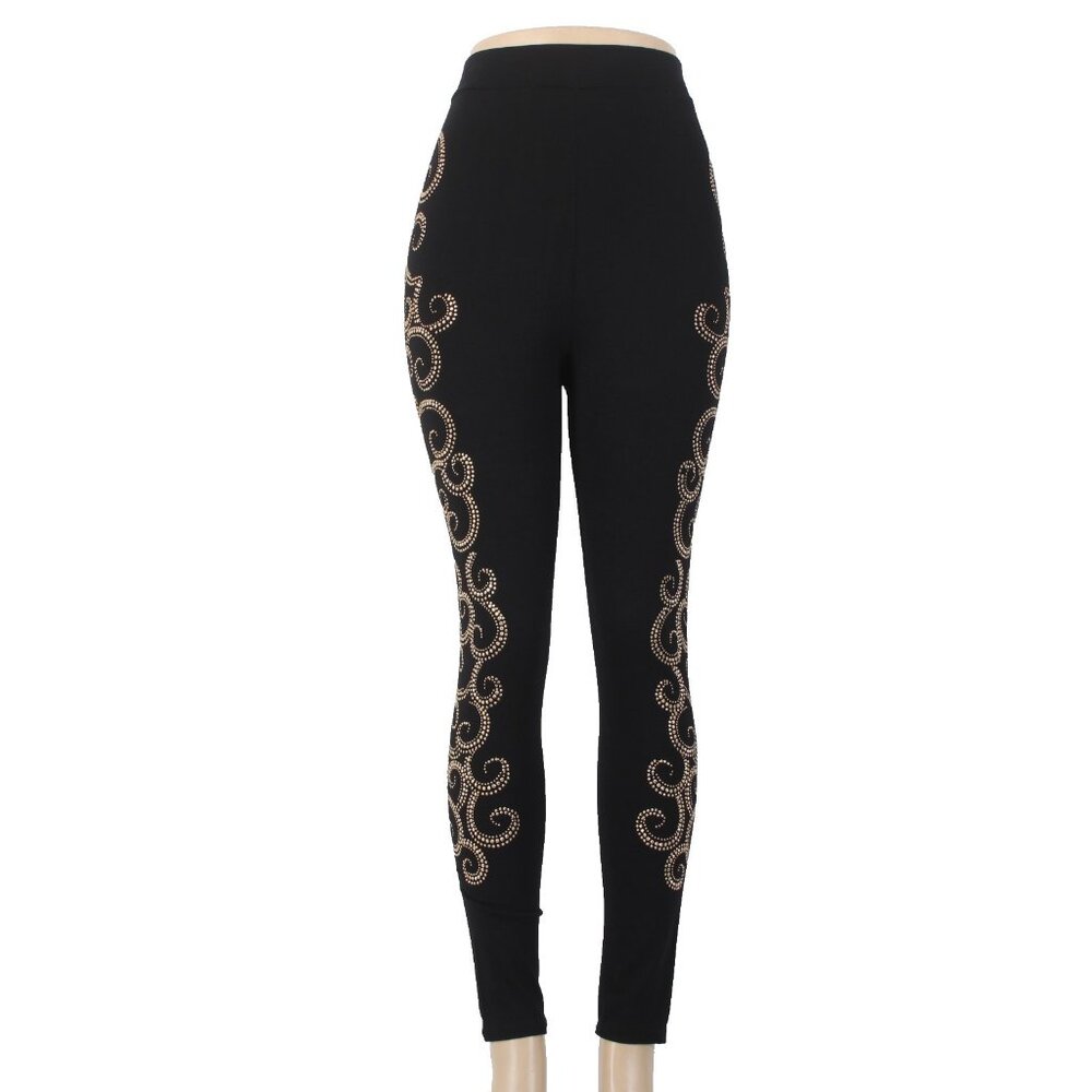 Mode Lia Legging Pant Sz L x 29 Black Gold Embellishment Swirls Rayon Leggings